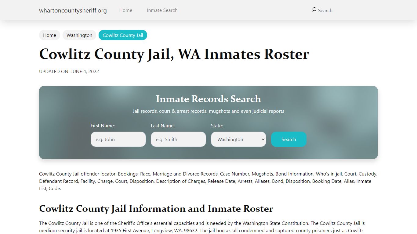 Cowlitz County Jail, WA Jail Roster, Name Search